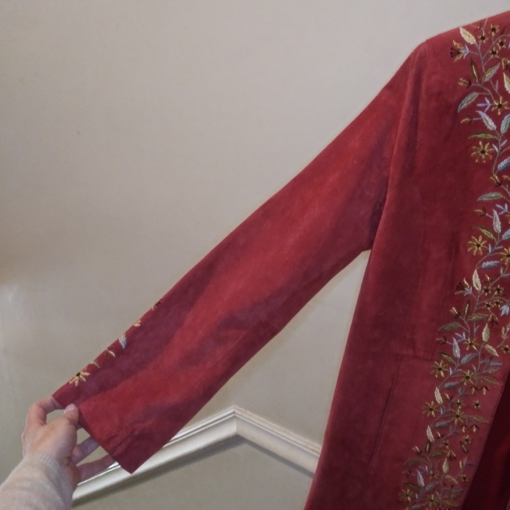 Avanti Boho/Southwestern Brick Red, Floral Embroidered Genuine Suede Coat - Picture 6 of 16